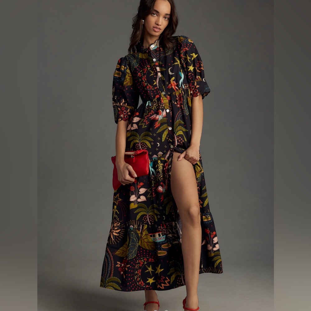 FARM Rio Black Tropical Print Maxi Dress with Multicolor Motifs